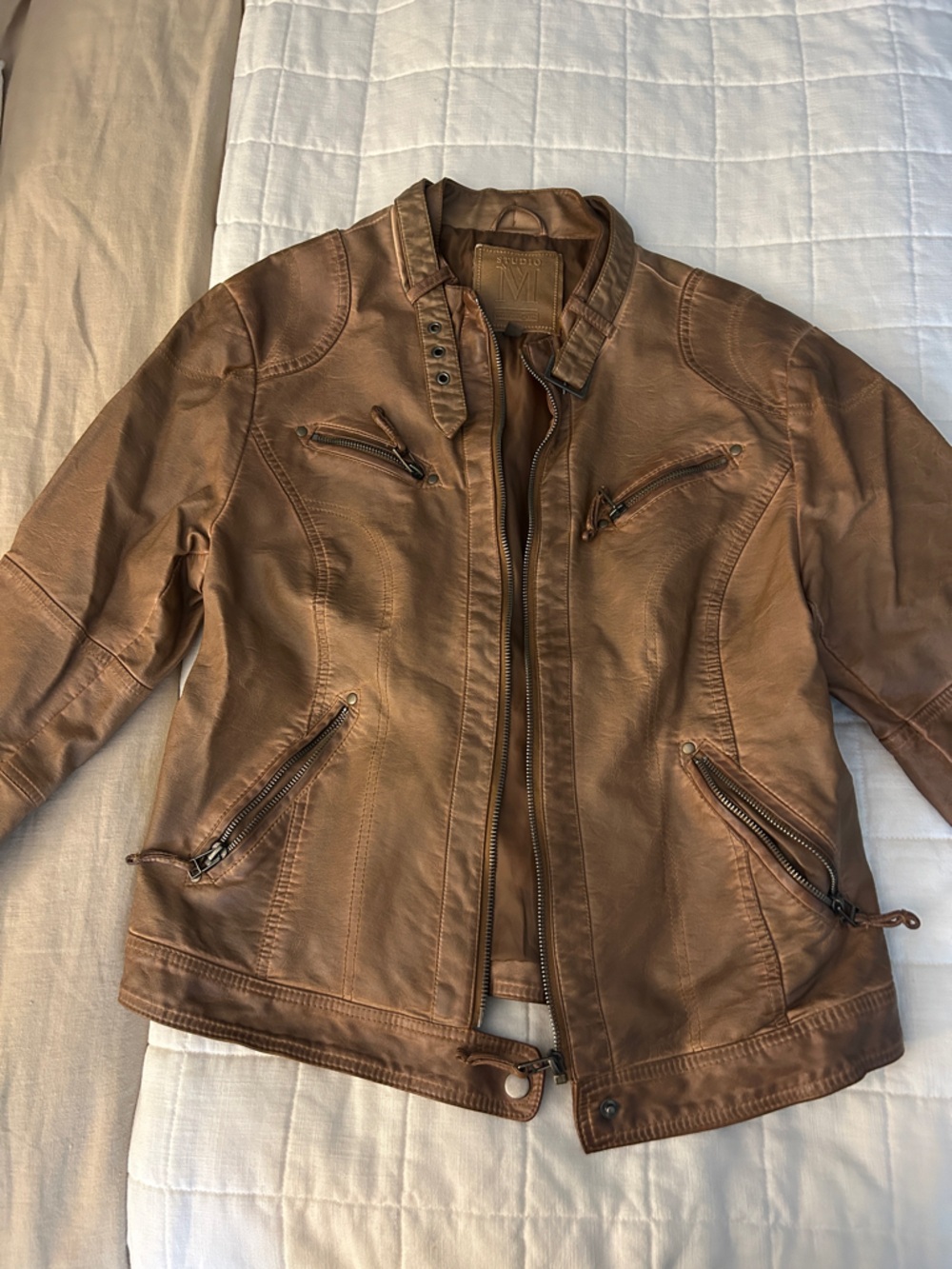 Max Studio Cognac Brown Faux Leather Bomber Jacket with Zip Pockets